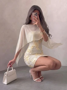 Firerie Women's Elegant Romantic Exquisite Evening Party Date Mini Dress With Mesh Shawl, Spaghetti Straps, Textured Fabric, Pale Yellow, Autumn/Winter - Pale Yellow - View 8