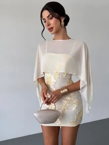 Firerie Women's Elegant Romantic Exquisite Evening Party Date Mini Dress With Mesh Shawl, Spaghetti Straps, Textured Fabric, Pale Yellow, Autumn/Winter - Pale Yellow - View 12