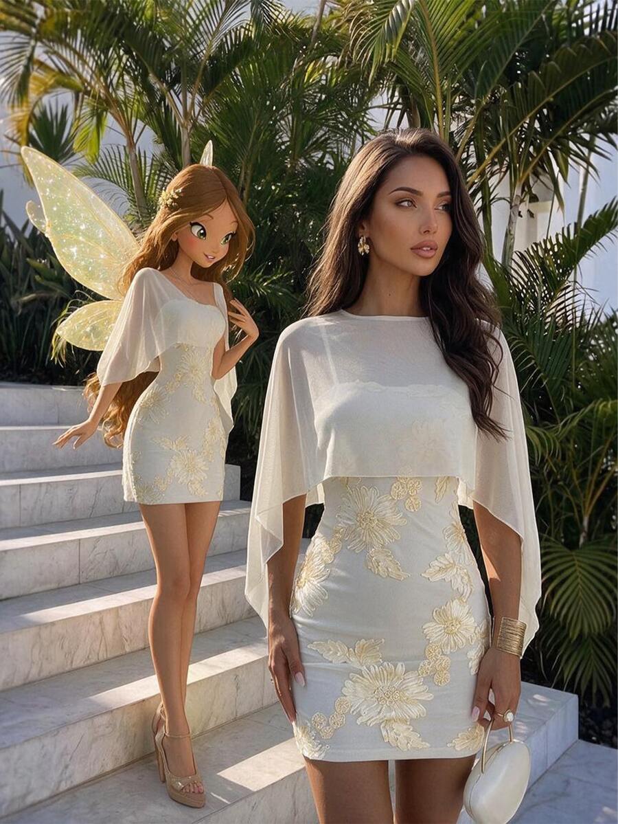 Firerie Women's Elegant Romantic Exquisite Evening Party Date Mini Dress With Mesh Shawl, Spaghetti Straps, Textured Fabric, Pale Yellow, Autumn/Winter