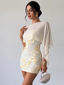 Firerie Women's Elegant Romantic Exquisite Evening Party Date Mini Dress With Mesh Shawl, Spaghetti Straps, Textured Fabric, Pale Yellow, Autumn/Winter - Pale Yellow - View 11