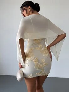 Firerie Women's Elegant Romantic Exquisite Evening Party Date Mini Dress With Mesh Shawl, Spaghetti Straps, Textured Fabric, Pale Yellow, Autumn/Winter - Pale Yellow - View 17