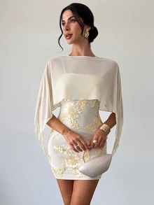 Firerie Women's Elegant Romantic Exquisite Evening Party Date Mini Dress With Mesh Shawl, Spaghetti Straps, Textured Fabric, Pale Yellow, Autumn/Winter - Pale Yellow - View 10