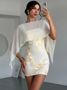 Firerie Women's Elegant Romantic Exquisite Evening Party Date Mini Dress With Mesh Shawl, Spaghetti Straps, Textured Fabric, Pale Yellow, Autumn/Winter - Pale Yellow - View 15