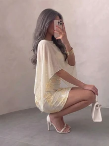 Firerie Women's Elegant Romantic Exquisite Evening Party Date Mini Dress With Mesh Shawl, Spaghetti Straps, Textured Fabric, Pale Yellow, Autumn/Winter - Pale Yellow - View 9
