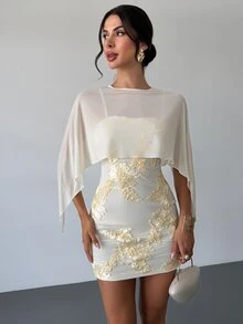 Firerie Women's Elegant Romantic Exquisite Evening Party Date Mini Dress With Mesh Shawl, Spaghetti Straps, Textured Fabric, Pale Yellow, Autumn/Winter - Pale Yellow - View 13