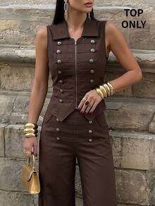 Firerie Women's Casual Fashion Popular Palace Style Commute Back To School Season Napoleon Button Lapel Zipper Sleeveless Vest Top - Brown - View 2