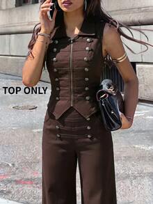Firerie Women's Casual Fashion Popular Palace Style Commute Back To School Season Napoleon Button Lapel Zipper Sleeveless Vest Top - Brown - View 5