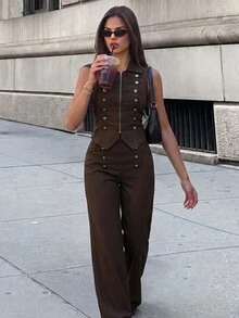 Firerie Women's Casual Fashion Popular Palace Style Commute Back To School Season Napoleon Button Lapel Zipper Sleeveless Vest Top - Brown - View 7