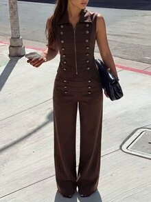 Firerie Women's Casual Fashion Popular Palace Style Commute Back To School Season Napoleon Button Lapel Zipper Sleeveless Vest Top - Brown - View 8