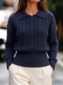 SHEIN Glamour Women's Solid Color Casual Versatile Daily Wear Knit Top - Navy Blue - View 9