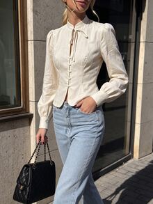 SHEIN PariChic Women's Solid Color Stand Collar Casual French French Elegant Versatile Everyday Office Brunch Tea Party Outing Shirt Cream White Autumn Teachers' Day - Apricot - View 3