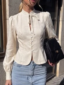 SHEIN PariChic Women's Solid Color Stand Collar Casual French French Elegant Versatile Everyday Office Brunch Tea Party Outing Shirt Cream White Autumn Teachers' Day - Apricot - View 1