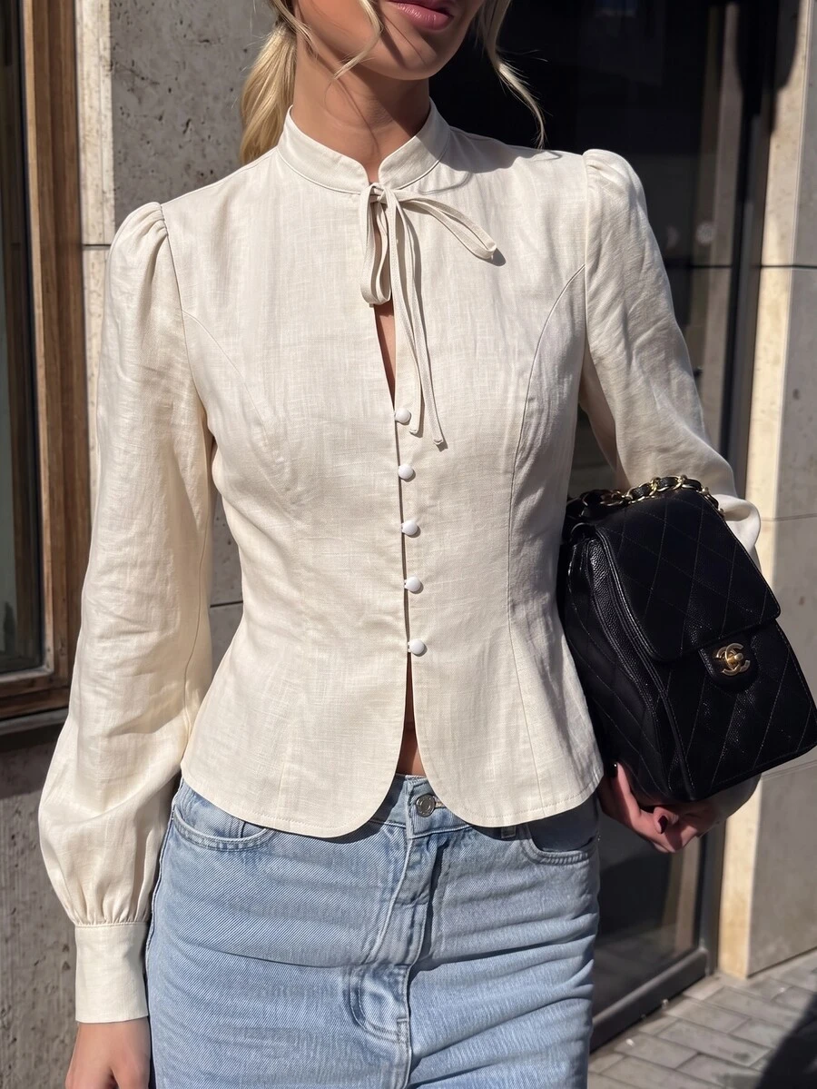 SHEIN PariChic Women's Solid Color Stand Collar Casual French French Elegant Versatile Everyday Office Brunch Tea Party Outing Shirt Cream White Autumn Teachers' Day - Apricot - View 1