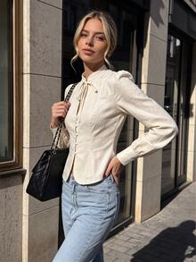 SHEIN PariChic Women's Solid Color Stand Collar Casual French French Elegant Versatile Everyday Office Brunch Tea Party Outing Shirt Cream White Autumn Teachers' Day - Apricot - View 4