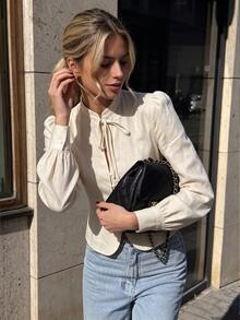 SHEIN PariChic Women's Solid Color Stand Collar Casual French French Elegant Versatile Everyday Office Brunch Tea Party Outing Shirt Cream White Autumn Teachers' Day - Apricot - View 5