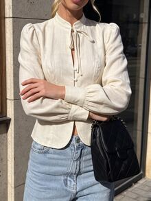 SHEIN PariChic Women's Solid Color Stand Collar Casual French French Elegant Versatile Everyday Office Brunch Tea Party Outing Shirt Cream White Autumn Teachers' Day - Apricot - View 6