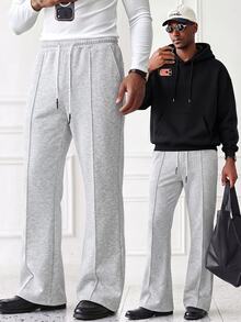 Celana Jogging Pria HUEFORM Warna Abu-abu Muda dengan Jahitan Tengah, Potongan Lurus, Pinggang Elastis, Tali Serut, Potongan Lebar, Celana Kasual, Minimalis, Serbaguna, Longgar, Panjang Hingga Lantai - Light Grey - View 1