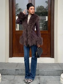 SHEIN EZwear Brown Woven Faux Fur Coat For Women - Coffee Brown - View 7
