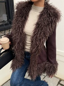 SHEIN EZwear Brown Woven Faux Fur Coat For Women - Coffee Brown - View 6