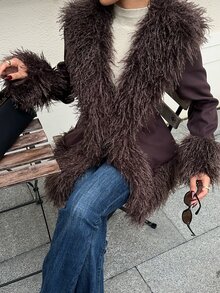 SHEIN EZwear Brown Woven Faux Fur Coat For Women - Coffee Brown - View 9