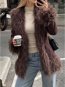 SHEIN EZwear Brown Woven Faux Fur Coat For Women - Coffee Brown - View 2