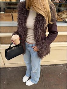 SHEIN EZwear Brown Woven Faux Fur Coat For Women - Coffee Brown - View 11
