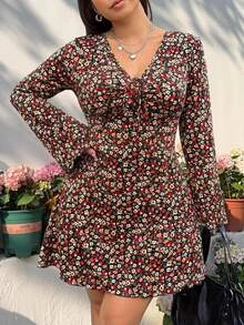 GalTyme Plus Size Women's V-Neck All-Over Print Casual Party Dress Fall - Multicolor - View 9