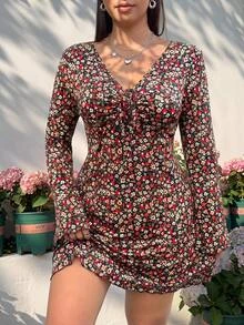GalTyme Plus Size Women's V-Neck All-Over Print Casual Party Dress Fall - Multicolor - View 4