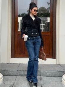 SHEIN EZwear Women's Fur Collar Long Sleeve Fashion Napoleon Jacket - Black - View 6