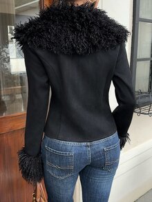 SHEIN EZwear Women's Fur Collar Long Sleeve Fashion Napoleon Jacket - Black - View 8