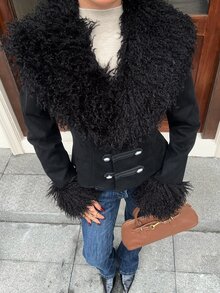 SHEIN EZwear Women's Fur Collar Long Sleeve Fashion Napoleon Jacket - Black - View 4
