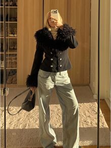 SHEIN EZwear Women's Fur Collar Long Sleeve Fashion Napoleon Jacket - Black - View 11