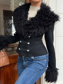 SHEIN EZwear Women's Fur Collar Long Sleeve Fashion Napoleon Jacket - Black - View 7