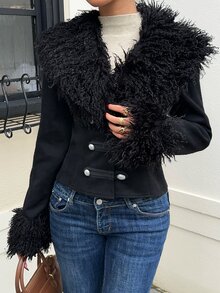 SHEIN EZwear Women's Fur Collar Long Sleeve Fashion Napoleon Jacket - Black - View 3