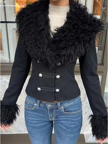 SHEIN EZwear Women's Fur Collar Long Sleeve Fashion Napoleon Jacket - Black - View 9