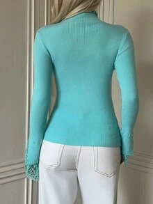 SHEIN EZwear Women's Deep Teal Lace Patchwork Knit Top Brunch Tea Party Autumn French Elegant - Mint Green - View 7