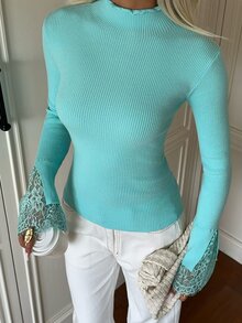 SHEIN EZwear Women's Deep Teal Lace Patchwork Knit Top Brunch Tea Party Autumn French Elegant - Mint Green - View 3