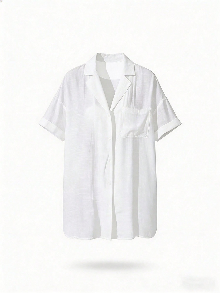 SHEIN Swim Kimono de mujer de unicolor y manga corta como cubierta, para playa en verano. Camisa de playa larga para mujeres - Blanco - Añade 10