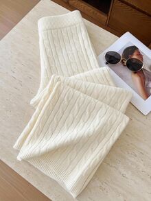 SHEIN EZwear 女款休閒純色針織長褲，秋冬居家米白色 - 白色 - 查看 10