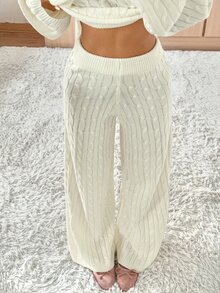 SHEIN EZwear 女款休閒純色針織長褲，秋冬居家米白色 - 白色 - 查看 5