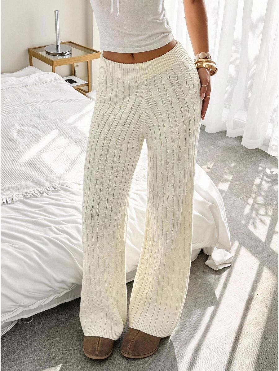 SHEIN EZwear 女款休閒純色針織長褲，秋冬居家米白色 - 白色 - 查看 1