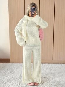SHEIN EZwear 女款休閒純色針織長褲，秋冬居家米白色 - 白色 - 查看 4