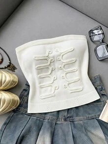 Soleia Atasan Tube Crop Tanpa Tali Berlipit 3D Putih Musim Semi/Panas, Cocok untuk Brunch Gaya Prancis Elegan - Krem - View 1