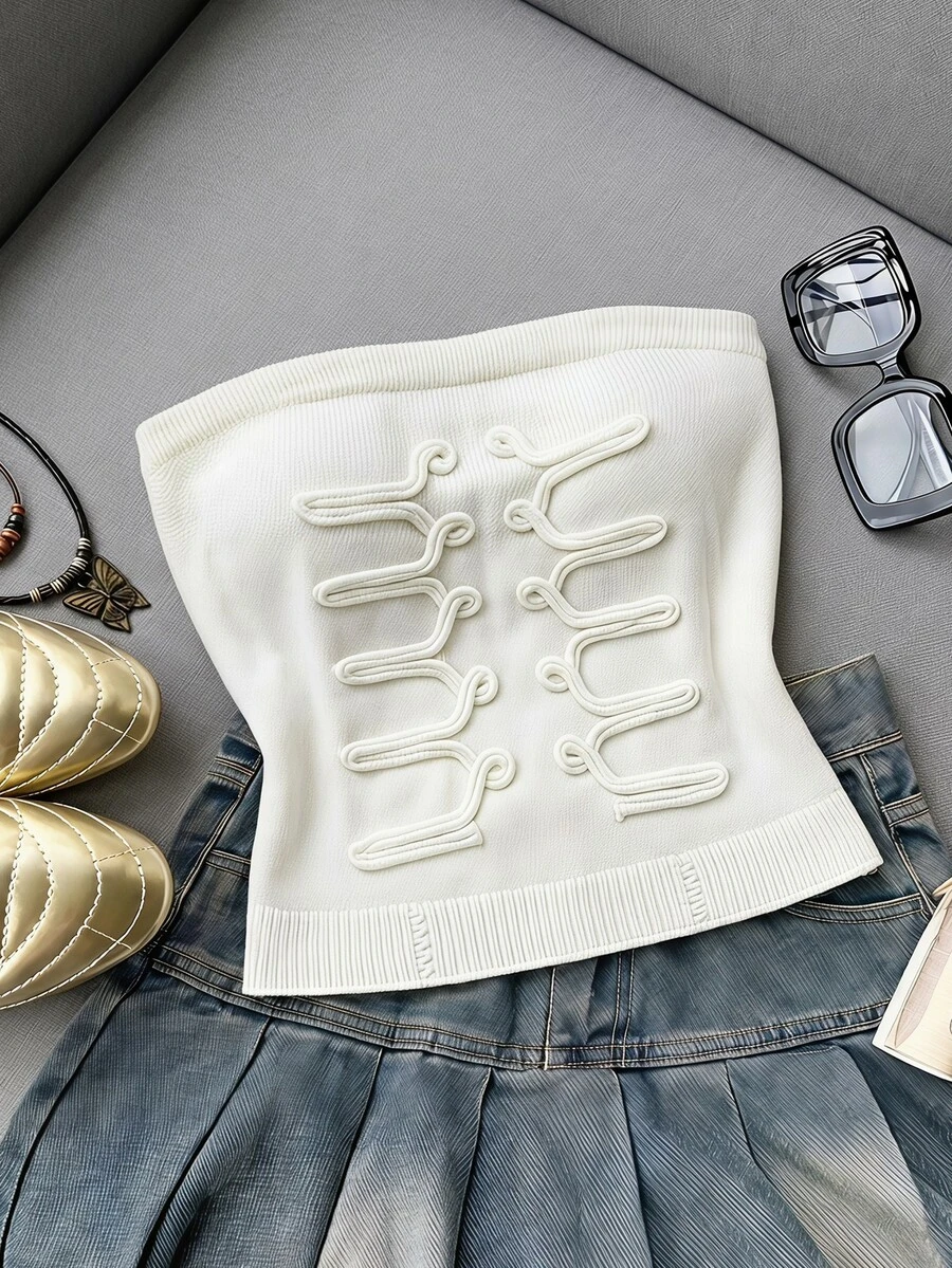 Soleia Atasan Tube Crop Tanpa Tali Berlipit 3D Putih Musim Semi/Panas, Cocok untuk Brunch Gaya Prancis Elegan - Krem - View 1
