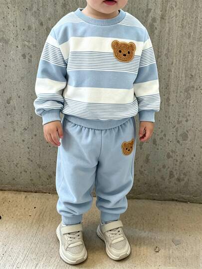SHEIN Playful Pals 2pcs Baby Boys Sweatshirt Set Cute Light Blue Striped Bear Pattern Long Sleeve Loose Crew Neck Fall Tops Vacation School Winter Daily
