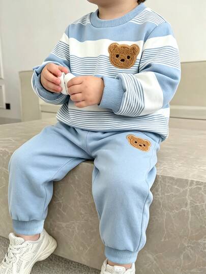 SHEIN Playful Pals 2pcs Baby Boys Sweatshirt Set Cute Light Blue Striped Bear Pattern Long Sleeve Loose Crew Neck Fall Tops Vacation School Winter Daily