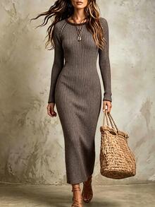 Trelyra Women's Taupe Stripe Round Neck Raglan Long Sleeve Fitted Knit Dress Brunch Everyday Date Autumn Casual - Multicolor - View 5