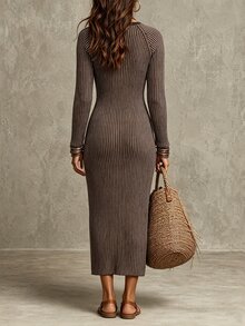 Trelyra Women's Taupe Stripe Round Neck Raglan Long Sleeve Fitted Knit Dress Brunch Everyday Date Autumn Casual - Multicolor - View 7