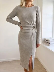 Omancia Women's Solid Color Round Neck Long Sleeve Side Waist Metal Decor Split Hem Elegant Knit Dress - Grey - View 4