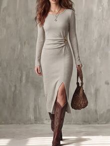Omancia Women's Solid Color Round Neck Long Sleeve Side Waist Metal Decor Split Hem Elegant Knit Dress - Grey - View 3